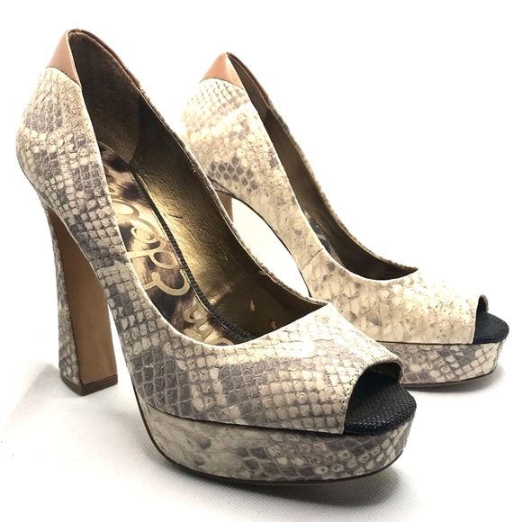 Sam Edelman 'Tacoma' Snake Embossed Genuine Leather Chunky Peeptoe Heels Sz. 8 - Picture 6 of 12